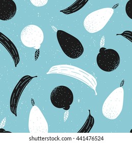 Vector seamless pattern with fruits - black and white bananas, oranges and pears on blue background with grunge texture.