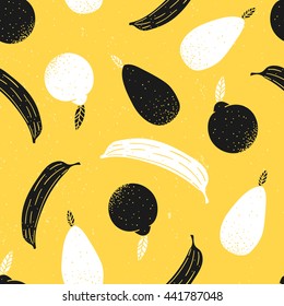 Vector seamless pattern with fruits - black and white bananas, oranges and pears on yellow background with grunge texture.