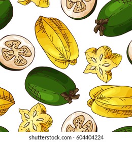 Vector seamless pattern with fruits. Carambola and feijoa background. Hand drawn elements.
