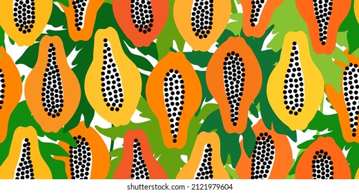 Vector seamless pattern with fruits. Colorful hand drawn minimalistic background. Papaya halves with leaves backdrop.