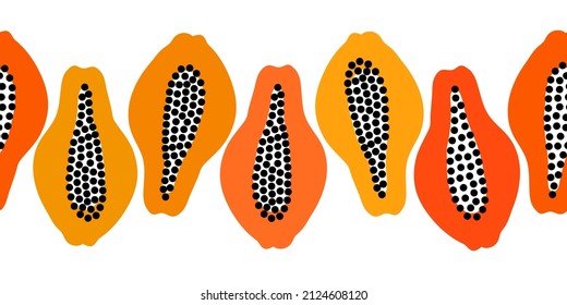 Patrón vectorial sin fisuras con frutos. Borde repetible minimalista de colores dibujado a mano. Papaya mide una línea interminable.