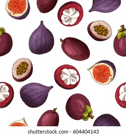 Vector seamless pattern with fruits. Figs, passionfruit and mangosteen background. Hand drawn elements.