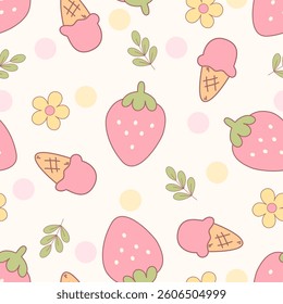 Vector seamless pattern with fruits, flower, leaf, strawberry and polka dot background vector