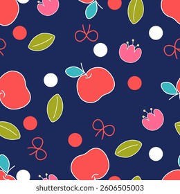 Vector seamless pattern with fruits, flower, leaf, apple and polka dot background vector
