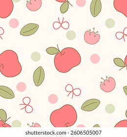 Vector seamless pattern with fruits, flower, leaf, apple and polka dot background vector