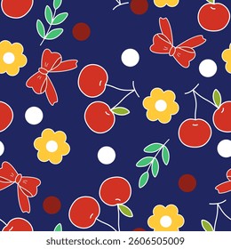 Vector seamless pattern with fruits, flower, leaf, cherry and polka dot background vector