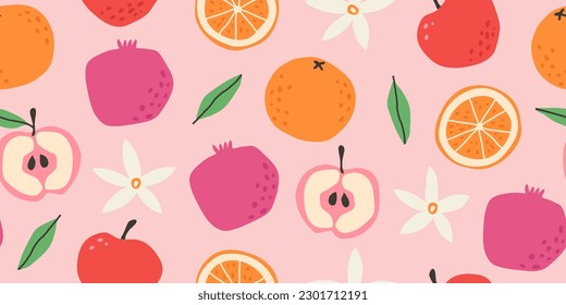 Vector seamless pattern with fruits and flowers. Trendy hand drawn texture. Contemporary collage. Modern abstract design for paper, cover, fabric.