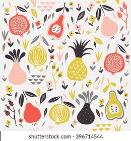 Vector seamless pattern with fruits, flowers and leaves
