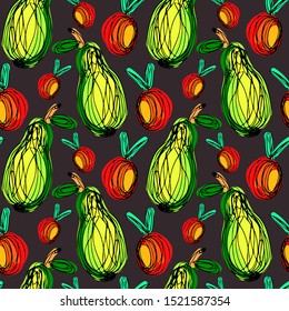 Vector seamless pattern with fruits.  Funny apple and pear. Hand made sketch with tangled lines. Children's drawing style.