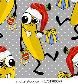 Vector seamless pattern with fruits. Funny bananas with santa hats and christmas tree decorations.