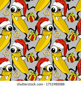 Vector seamless pattern with fruits. Funny bananas with santa hats and christmas tree decorations.
