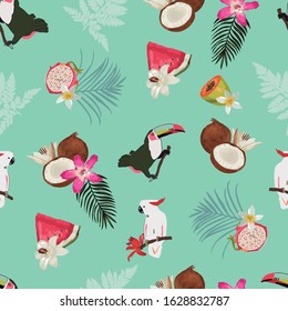 Vector seamless pattern with fruits, leaves, toucan and a cockatoo .