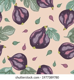 Vector seamless pattern fruits and leaves of fig tree. Ripe fresh fruits, fig harvest. Design for printing on textiles, packaging, paper, wallpaper. 