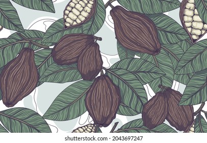 Vector seamless pattern of fruits and leaves of the cocoa tree. A tropical plant, a natural component for chocolate. Vintage-style illustrations for decor, fabric, wallpaper or packaging