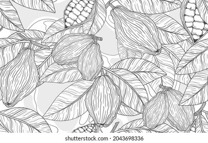 Vector seamless pattern of fruits and leaves of the cocoa tree. A tropical plant, a natural component for chocolate. Black and white illustration with lines for decor, fabric, wallpaper, packaging or 