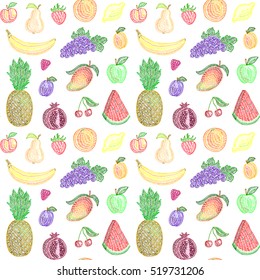 Vector seamless pattern of fruits on white background in cartoon or decorative embroidery style. Design best for posters, children textile, fabric prints, cards, restaurant menu, scrap-booking.
