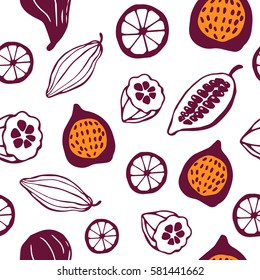 Vector seamless pattern with fruits on the white background