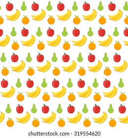 Vector seamless pattern with fruits (pear, apple, banana, orange) on white background. Perfect for background of packing paper, fabric, scrapbook.