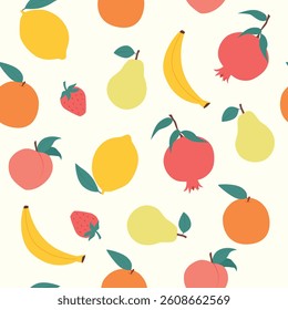 Vector seamless pattern with fruits, pear,banana,strawberry,orange,pomegranate.Design for wrapping paper, textiles, packaging. Colorful summer background.
