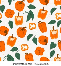 Vector seamless pattern with fruits, slices and leaves of bell pepper. Hand drawing paprika background. For design, print, textile, paper.