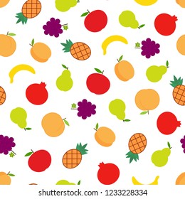 Vector seamless pattern of fruits such as apricot, pineapple, peach, grape, pear, apple, pomegranate, banana. 