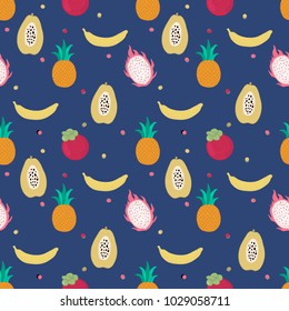 Vector seamless pattern of Fruits. Summer mood. Pineapple, papaya, mangostin, pitaya, banana Hand draw illustration