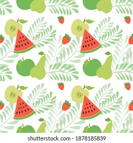 Vector seamless pattern with fruits. Tropical pattern with leaves and pineapples.