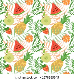 Vektornahtloses Muster mit Früchten. Tropisches Muster mit Blättern und Ananas.