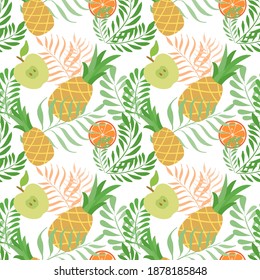 Vector seamless pattern with fruits. Tropical pattern with leaves and pineapples.