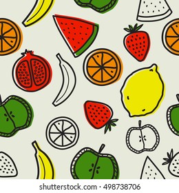 Vector seamless pattern with fruits. Vegan. Fresh.