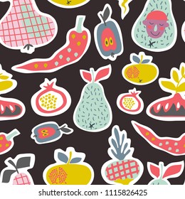 Vector seamless pattern with fruits and vegetables. Cute background with pears, apples, pomegranate, turnip and pepper. Great for fabric, wallpaper, wrapping, print.