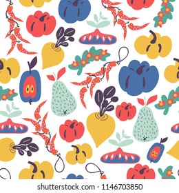 Vector seamless pattern with fruits and vegetables. Background with pumpkins, pears, peppers, turnips, apples. Harvest. 