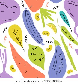 Vector seamless pattern with fruits and vegetables in hand drawn cartoon style. Vegetarian concept.