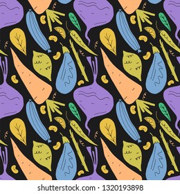 Vector seamless pattern with fruits and vegetables in hand drawn cartoon style. Vegetarian concept.
