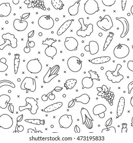 Vector seamless pattern with fruits and vegetables. Black and white.