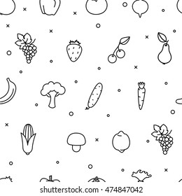 Vector seamless pattern with fruits and vegetables. Black and white.