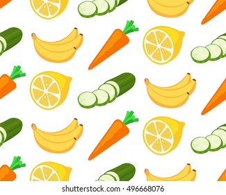 Vector Seamless Pattern with Fruits and Vegetables on white background