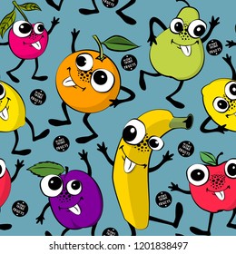 Vector seamless pattern with fruits-monsters. Banana, orange, plum, apple, pear, lemon, cherry. Colorful assorted.