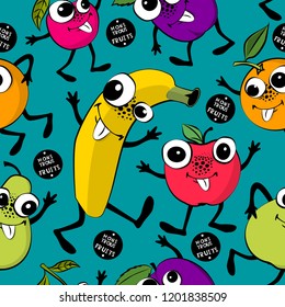 Vector seamless pattern with fruits-monsters. Banana, orange, plum, apple, pear, cherry. Colorful assorted