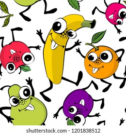 Vector seamless pattern with fruits-monsters. Banana, orange, plum, apple, pear, lemon, cherry. Colorful assorted 