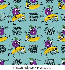 Vector seamless pattern with fruits-monsters. Banana and plum. Colorful assorted. 1