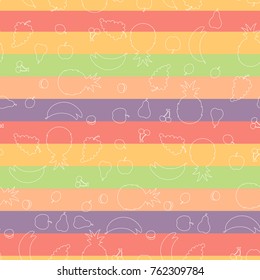 Vector seamless pattern in fruity colors strips and contour of different fruits.