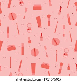 Vector seamless pattern full of makeup items. Makeup with lipstick, mascara, shadows, pencils and brushes in pink and red colors