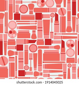 Vector seamless pattern full of makeup items. Makeup with lipstick, mascara, shadows, pencils and brushes in pink and red colors