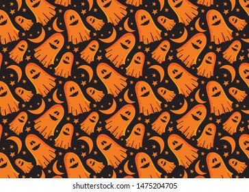 Vector seamless pattern fun Ghost among the stars and the month. Funky monster for Halloween. Design for textiles, paper, Wallpaper, packaging, banner,postcard, invitation, postcard. Festive 