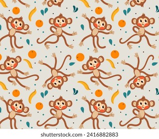 Vector seamless pattern with fun kawaii monkey for baby child nursery textile. Vector  cartoon doodle flat illustration.