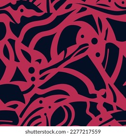 Vector seamless pattern with funky  abstract shapes, dots and strokes on a viva magenta background. Mesmerizing. Suitable for fabric and wallpaper.