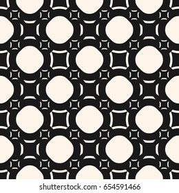 Vector seamless pattern, funky style, smooth geometric shapes, circles, outline squares. Abstract monochrome texture. Dark modern background, repeat tiles. Design for prints, covers, package, decor