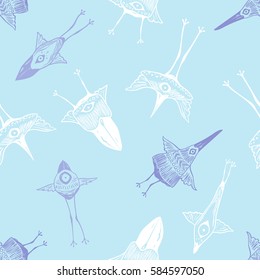 Vector seamless pattern with funny abstract birds, bright cute cartoon background in pastel blue tone. Design for wallpaper, fabric, clothing, print, surface design, fashion and kid`s wear