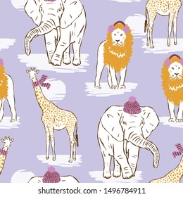 Vector seamless pattern with funny african animals in hand drawn style. Giraffes with scarves, elephants with knit caps, lions with earmuffs. Winter illustration for girls. Christmas decor and